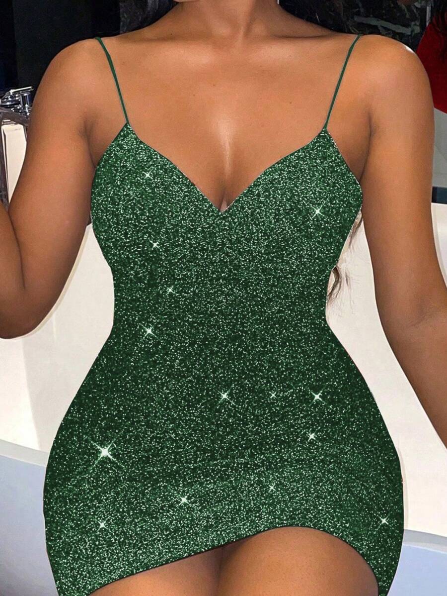 VaVaBold Women's Sparkly Sequin Spaghetti Strap Dress - Green - View 1