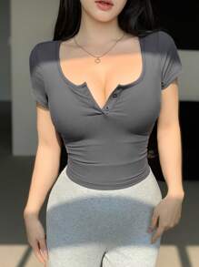 DAZY Solid Short Sleeve Slim Fit Henry Collar T-Shirt - Dark Grey - View 6