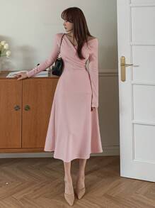 DAZY Của phụ nữ Surplice cổ Eo Kẹp chặt Váy quấn - Bụi hồng - Xem 5
