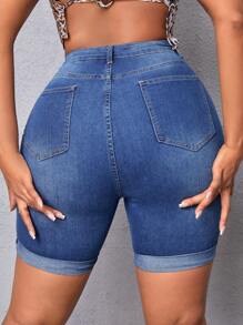 SHEIN SXY 加大尺碼修身磨損牛仔短褲 - 深色水洗藍 - 查看 1