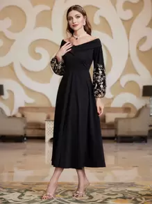 Modelyn 女士刺绣网眼灯笼袖露肩连衣裙，不含腰带超长女士装长款晚礼服 - 黑色 - 查看 3