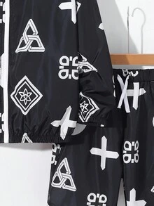 青少年男孩休閒連帽釦扣襯衫和寬鬆紗短褲套裝,印花圖案,針織 - 彩色 - 查看 6