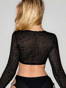 SHEIN ICON 圓環裝飾中空短版網紗上衣 - 黑色 - 查看 2