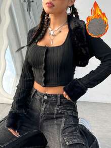 SHEIN X MariajoseGi SHEIN EZwear Camiseta Corta De Canalé Con Botones Y Chaqueta Corta Deshilachada Para Mujer - Negro - Ver 3