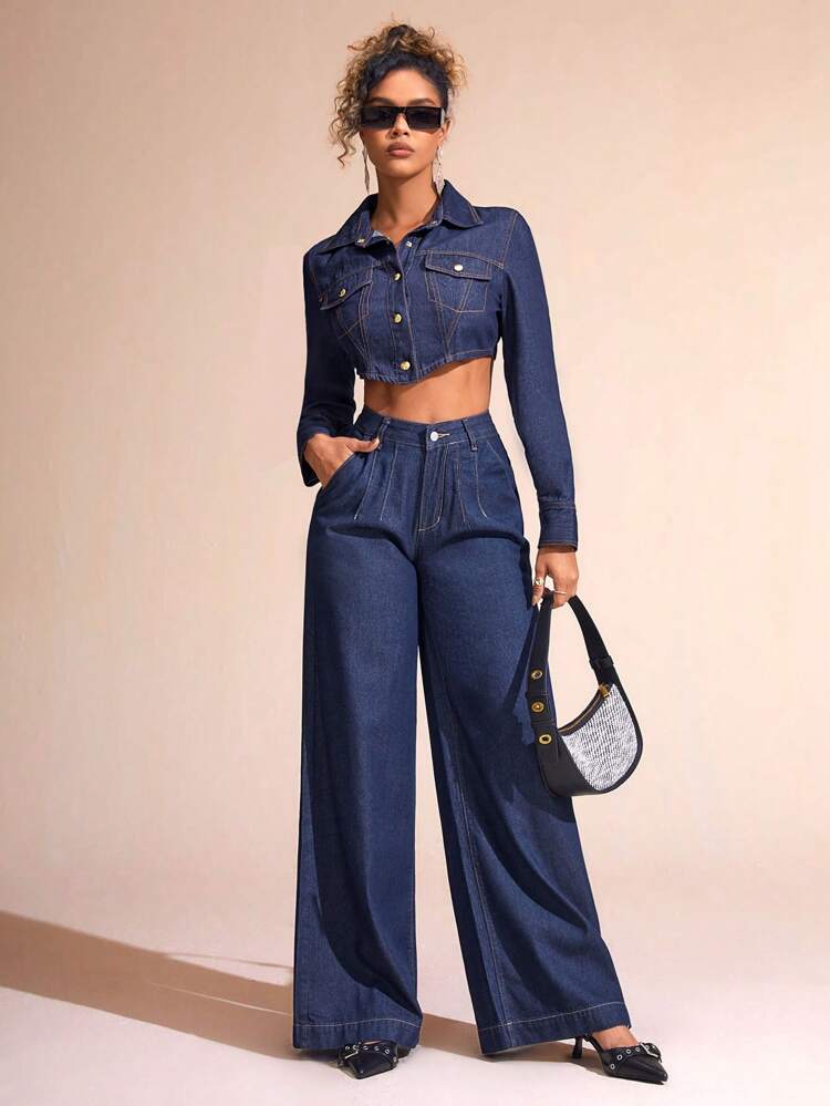 Women's Long Sleeve Cropped Denim Jacket