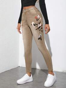 SHEIN LUNE Flower Embroidery Slim Fit Denim Jeans - Khaki - View 3
