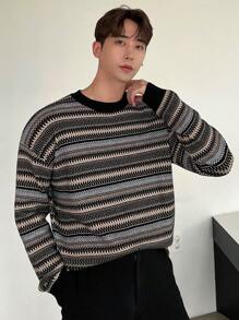 DAZY 男士秋冬條紋落肩圓領衛衣 - 彩色 - 查看 1