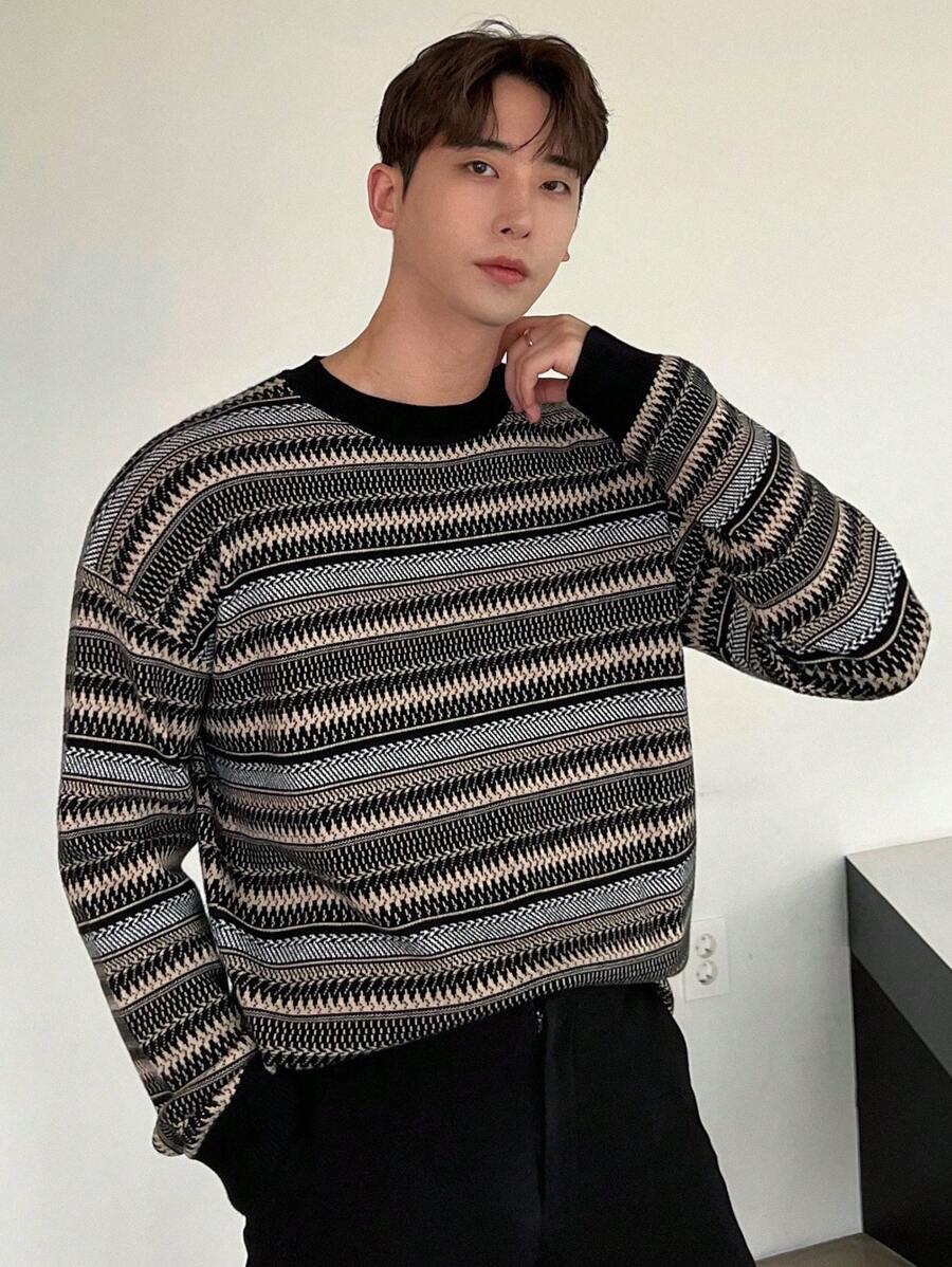 DAZY 男士秋冬條紋落肩圓領衛衣 - 彩色 - 查看 1