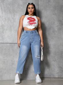 SHEIN EZwear 修身版型破洞設計mom牛仔褲 大尺碼 - 淺色水洗藍 - 查看 6