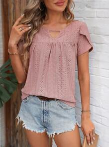 SHEIN LUNE Women's Ruffle Hem Puff Sleeve T-Shirt - Pink - View 4