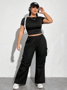 SHEIN EZwear Plus Size Women's Round Neck Basic High-Stretchy Crop Top T-Shirt - Black - View 5