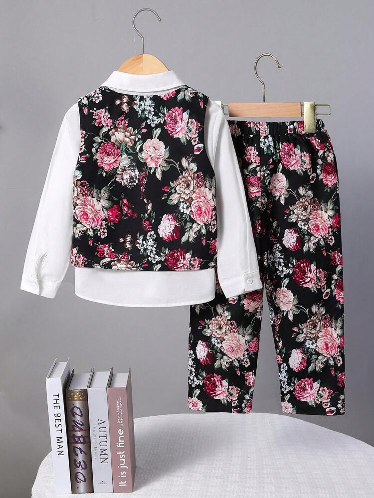 3pcs Young Boy Casual Printed Shirt, Vest And Pants Set, Thermal Lined , Thickened