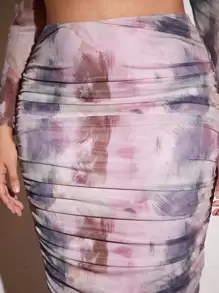 SHEIN BAE 女士加大碼網紗印花百褶彈性連身裙 - 粉色 - 查看 5