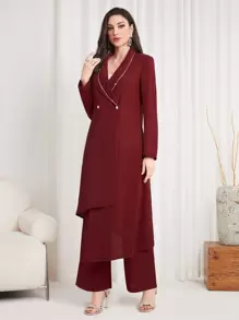 Modelyn Burgundy Red Women'S Double-Breasted Suit Jacket And Pants Set - Burgundy - View 4