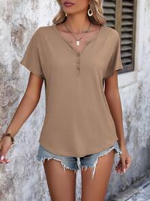 SHEIN LUNE Camiseta De Manga Murciélago Para Mujer Con Cuello En V - Albaricoque - Ver 3