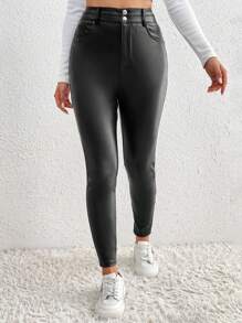 SHEIN Frenchy 女性派對黑色皮革外觀鈕扣pu修身長褲