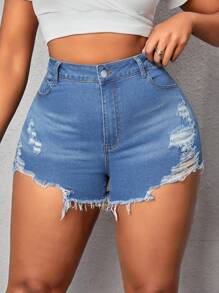 Slaydiva Pantalones Cortos Rasgados Elásticos Con Ajuste Delgado De Talla Grande De Mezclilla - Azul - Ver 3