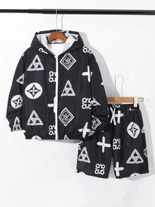 青少年男孩休閒連帽釦扣襯衫和寬鬆紗短褲套裝,印花圖案,針織 - 彩色 - 查看 3