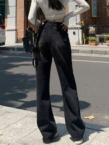 寬鬆直筒牛仔褲，口袋設計，女式長拖褲