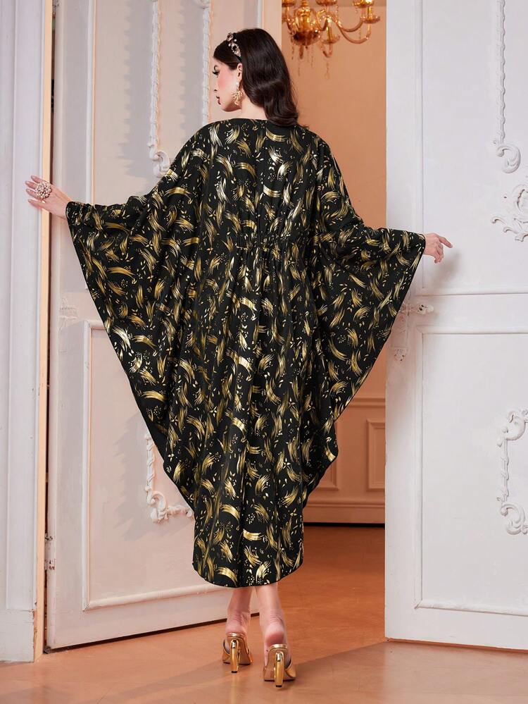 Full Printed V-Neck Batwing Sleeve Dress