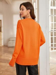 Cinemore Solid Color V-Neck Loose Fit Casual Sweater With Drop Shoulder Design - Orange - View 2