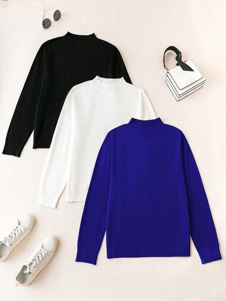Plus Size Solid Color Stand Collar Sweater Knit Pullover Fall Winter Autumn