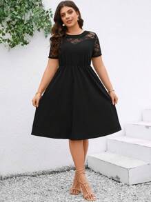 SHEIN Clasi Plus Size Elegant Women'S Patchwork Lace Short Sleeve Dress