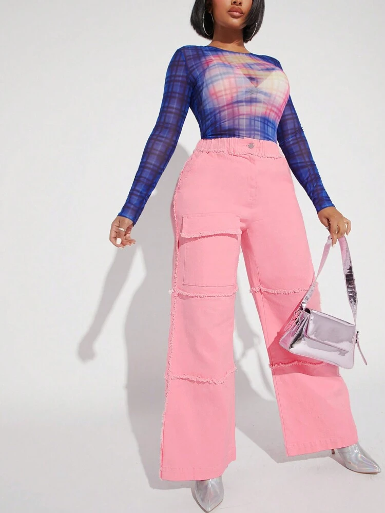 Frayed Layered Casual Cargo Wide Leg Jeans