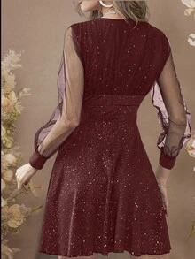 女士闪亮网眼撞色长袖连衣裙 - 酒紅色 - 查看 2