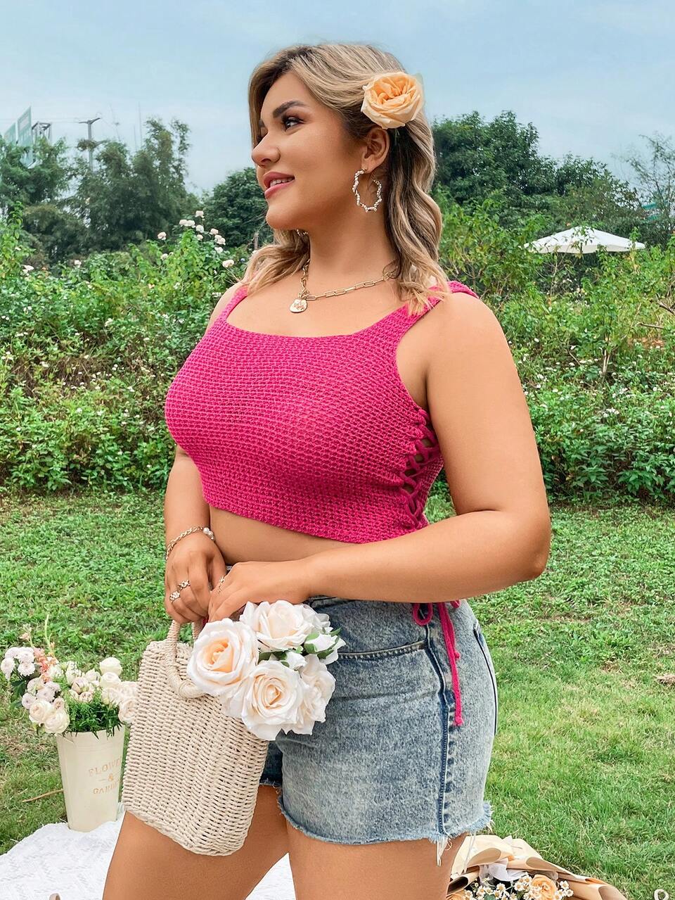 Plus Size Knit Top With Side Tie & Cut Out Design