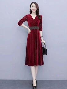 Women's Wrap Style Waist Cinched Cocktail Party Formal Dress - Red - View 1