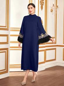 Al Najma Tassel Patchwork Half High Collar Dress Kaftan Jalabiya Dress - Royal Blue - View 5