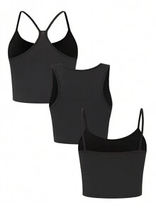 SHEIN Essnce 3 件/套 不同款式純色女背心 - 黑色 - 查看 2