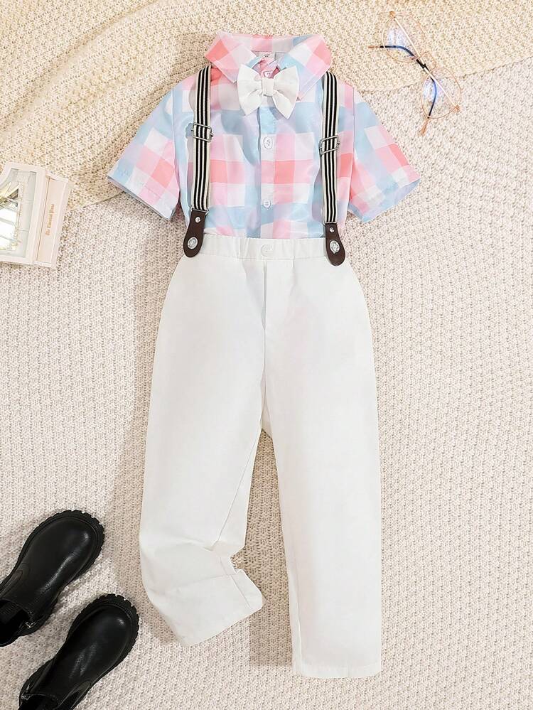Young Boy Toddler Boys' Fitted Elegant Grid Necktie Shirt And Suspender Pants Gentlemen Suit 2pcs/Set