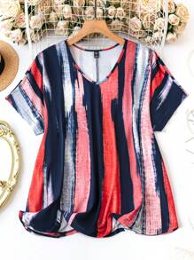 SHEIN LUNE 女性大尺碼條紋v領短袖t恤 - 彩色 - 查看 1
