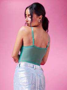 SHEIN BAE 女士鱼骨形紧身胸衣透明网眼撞色吊带背心 - 綠色 - 查看 2