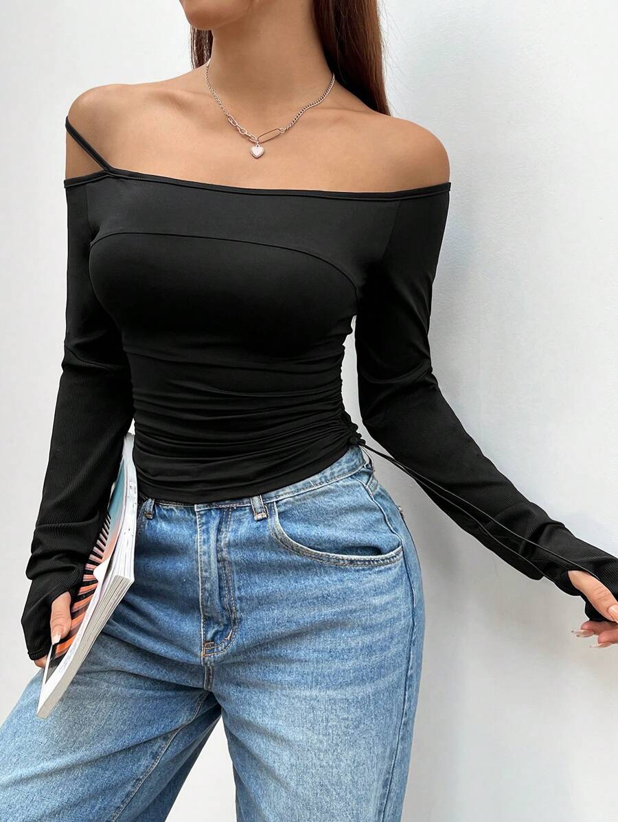 SHEIN EZwear Solid Color Off Shoulder Pleated Bodycon Long Sleeve T-Shirt