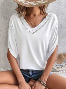 SHEIN Frenchy Của phụ nữ Shirring Trắng Cổ v Mùa Xuân Mùa hè Ren tay cánh Ngắn tay Áo thun - trắng - Xem 5