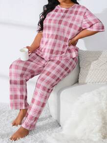 女士大尺碼休閒格紋睡衣套裝 - 粉色 - 查看 4