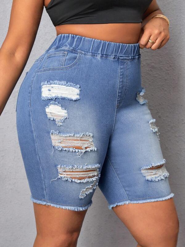 SHEIN SXY Denim Shorts In Übergröße Mit Elastischem Taillenbund Und Zerrissenen Gewaschenen Details