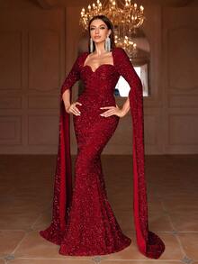 Faeriesty 甜心领超长袖亮片美人鱼连衣裙 - 紅色 - 查看 6