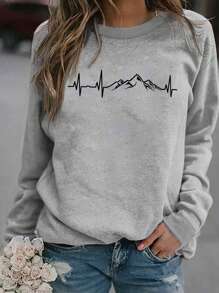 Ladies' Casual Simple Round Neck Sweatshirt With Mountain Lines Print - Light Grey - View 1