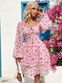 Soleia 女用甜心領燈籠袖碎花連身裙 - 粉色 - 查看 3