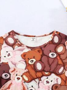 適合青少年女孩的可愛熊印花短袖上衣和長褲睡衣,2件套裝 - 棕色 - 查看 7