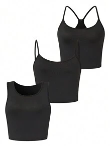 SHEIN Essnce 3 件/套 不同款式純色女背心 - 黑色 - 查看 1