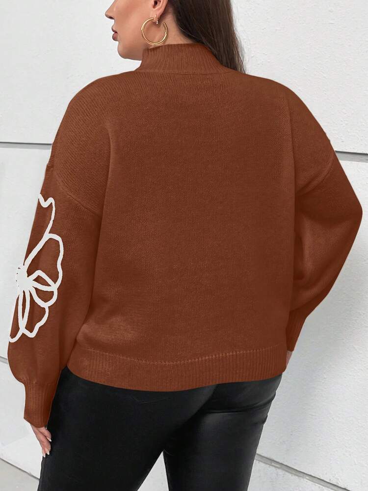 Plus Size Women's Embroidered Floral Turtleneck Sweater With Long Sleeves In Fall/Winter