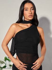SHEIN BAE Women'S Asymmetrical Collar Mesh Splice Sleeveless Top,Ladies Casual,Sexy Asymmetrical,Contrast Mesh,Ruched Asymmetrical Neck Slim Fit Black Plain Women Tops,Spring/Summer,Casual Daily Wear,Valentine's Day,Valentine Outfits For Women - Black - View 3