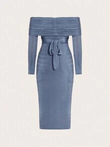 SHEIN BAE Vestido ajustado de hombros descubiertos cruzado - Neblina azul - Ver 9