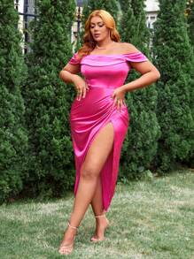 SHEIN SXY Plus Size Women's Off Shoulder Side Slit Dress - Pink - View 7