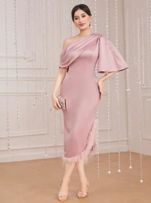 Modelyn Damski Jedno ramię Patchwork Obszycie Dopasowana sukienka